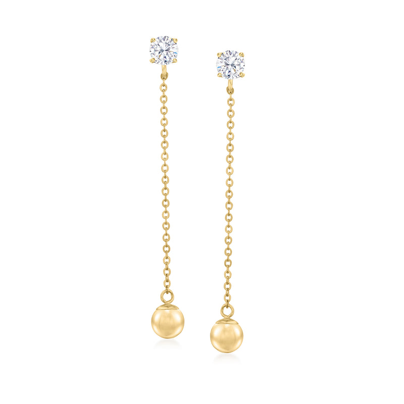 Yellow gold ball drop earring jacket with diamond top and long chain