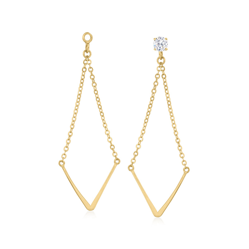 14kt yellow gold V-shaped earring jacket with chain drops and small clear stone top