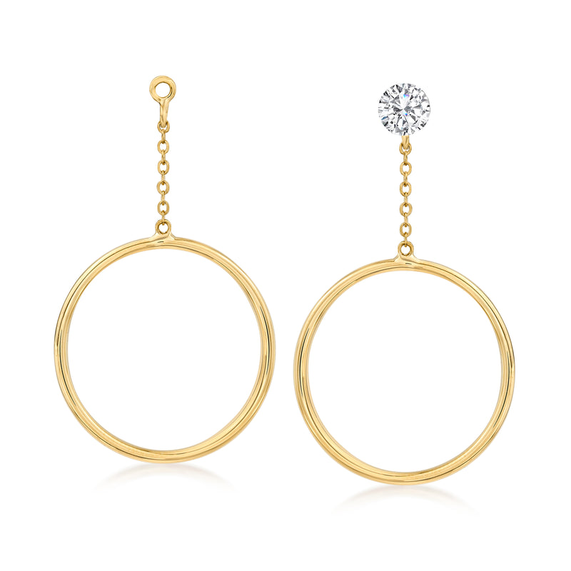 14kt yellow gold hoop drop earring jacket pair, with small clear stone tops