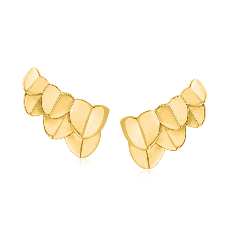 18kt yellow gold post earrings with curved scalloped drop links, set on posts