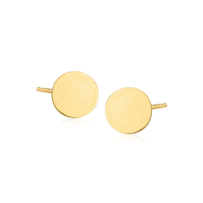 Yellow gold flat round stud earrings with smooth disc design