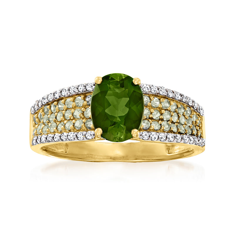 14kt yellow gold ring with oval green tourmaline and diamond accents