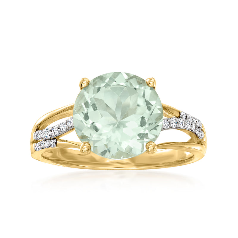 14kt yellow gold ring with oval prasiolite and diamond-accented shoulders