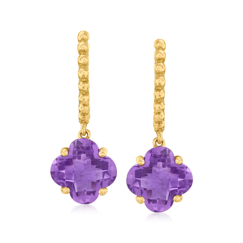 Amethyst flower drop earrings in 14kt yellow gold with purple gemstone drops