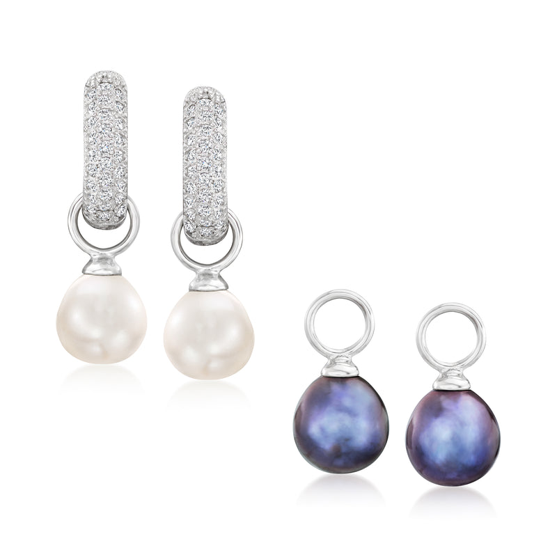 Sterling silver reversible hoop drop earrings with white and purple pearl drops