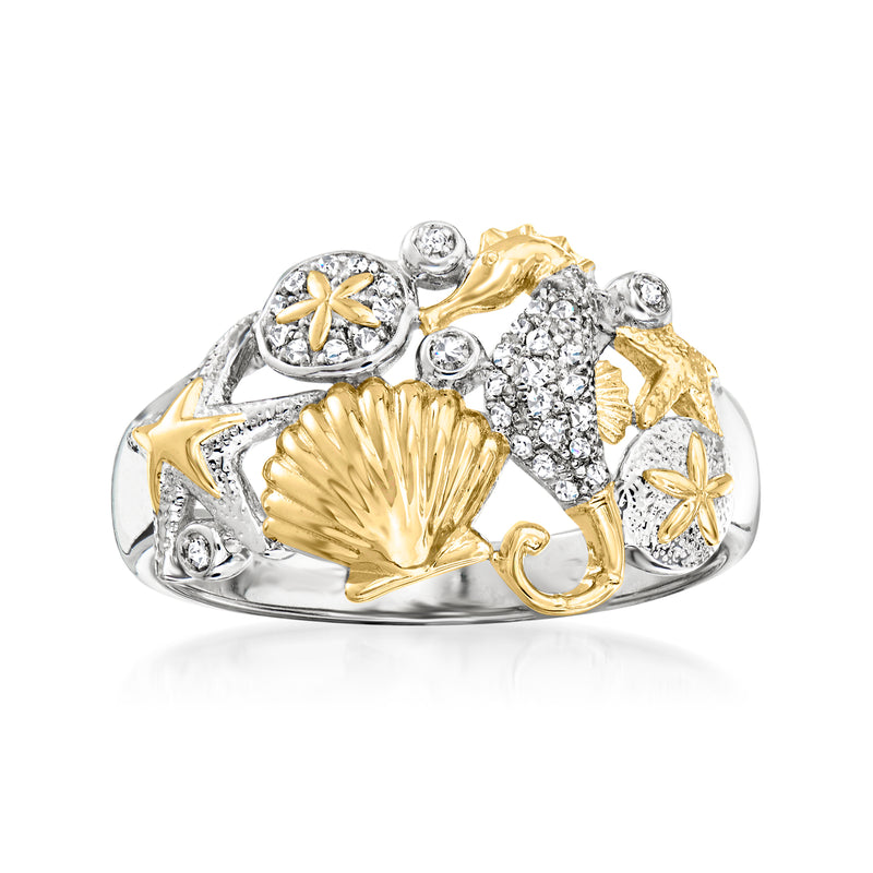 Two-tone sterling silver diamond sea life ring with scallop shell and starfish motifs