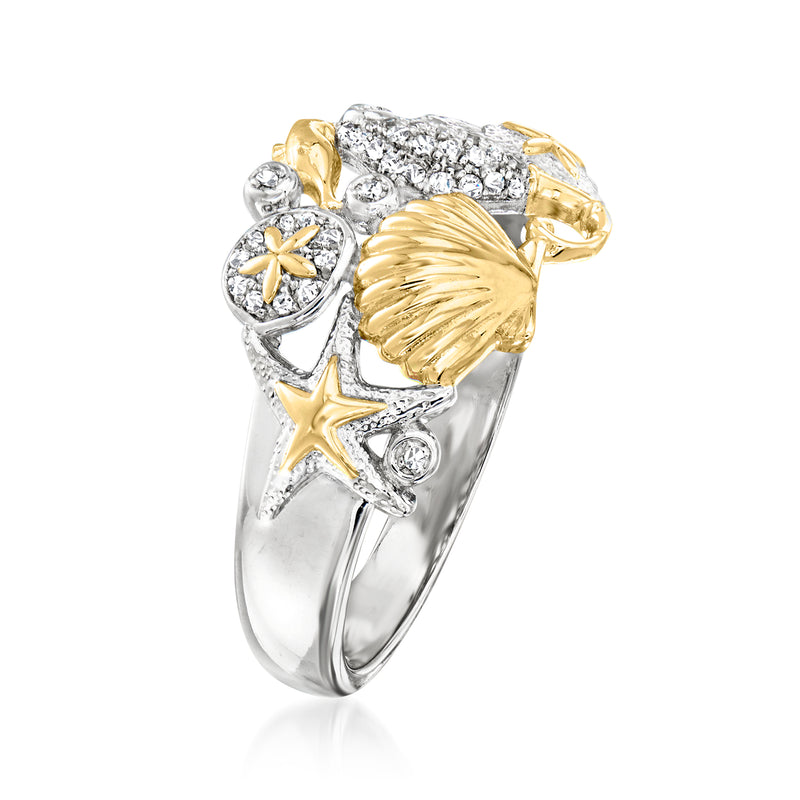 Two-tone scallop-shell diamond ring in sterling silver with starfish and seahorse details