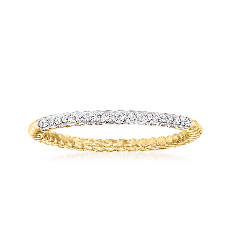 Gold twist ring with row of round diamond-look stones across the top