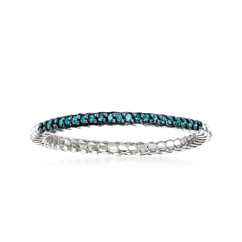 Sterling silver twisted ring with blue diamond-accented top row