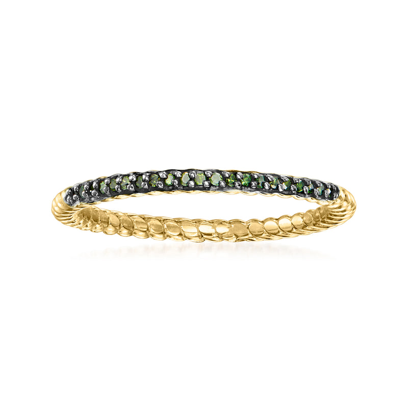 Twist ring with green diamond accents and dark pave band, 18kt gold over sterling