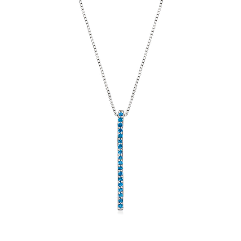 Sterling silver bar pendant necklace with blue gemstone row and diamond accents