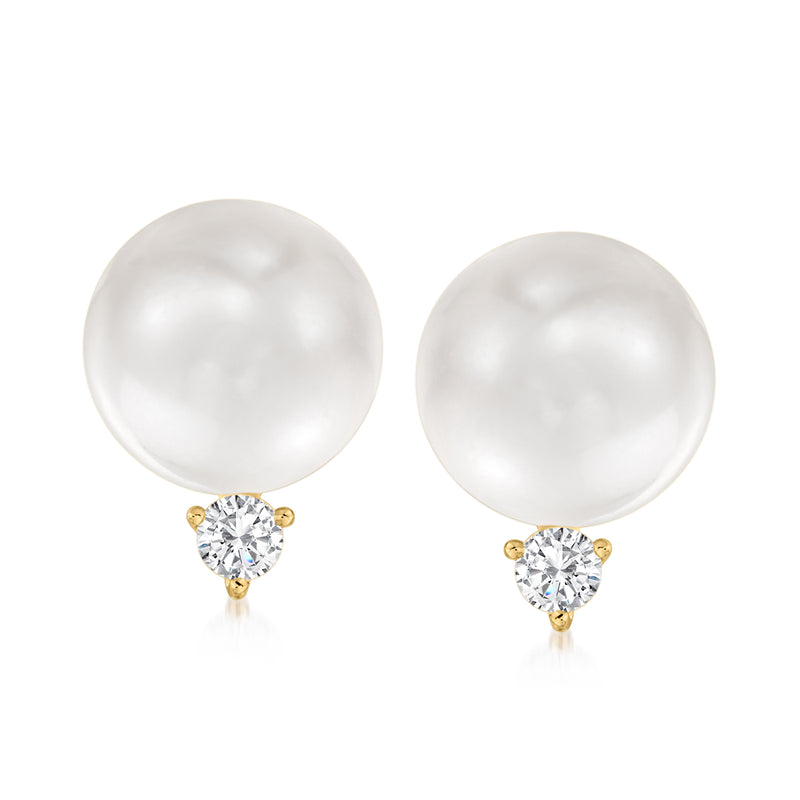 Cultured South Sea pearl and diamond stud earrings, 14kt yellow gold post