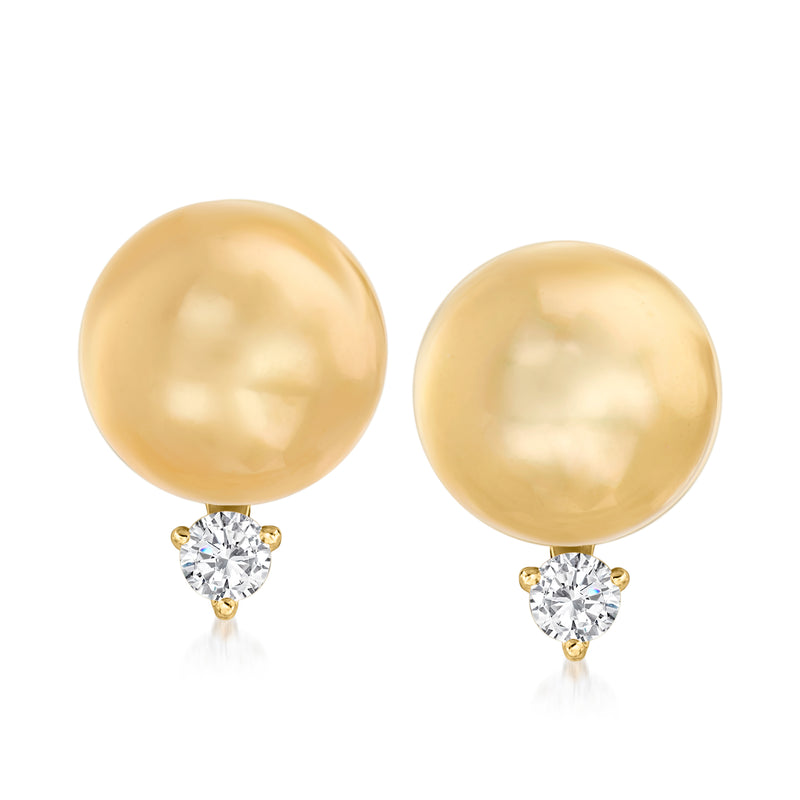 14kt yellow gold pearl stud earrings with round diamond accents under each golden pearl