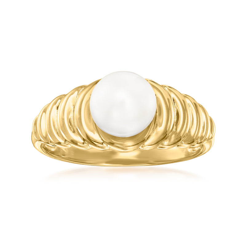 18kt gold over sterling ripple ring with round white cultured pearl
