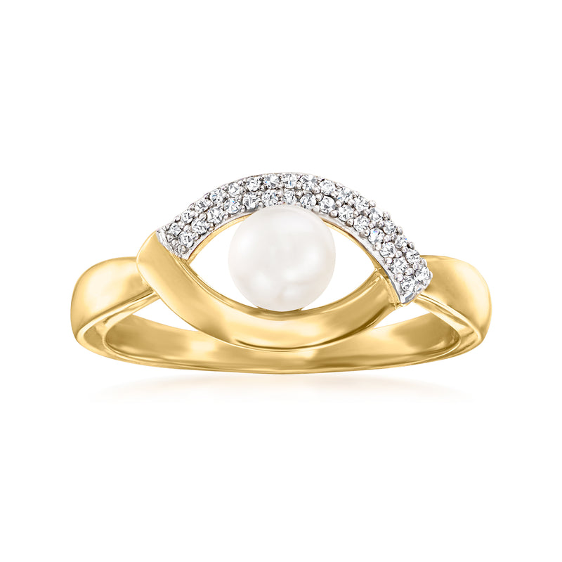 Cultured pearl evil eye ring with diamond accents in gold over sterling