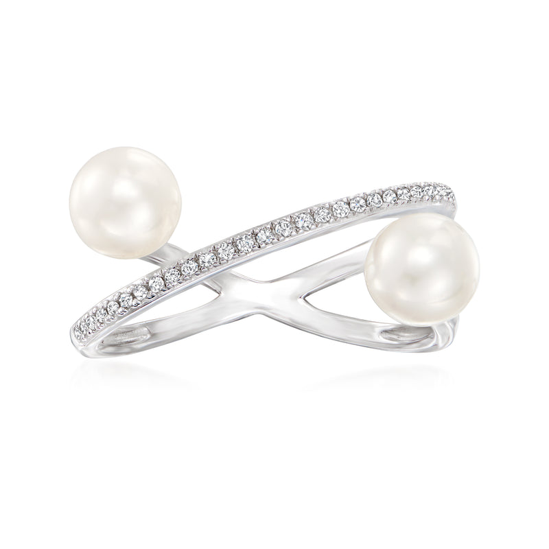 Cultured pearl and diamond crisscross ring in sterling silver