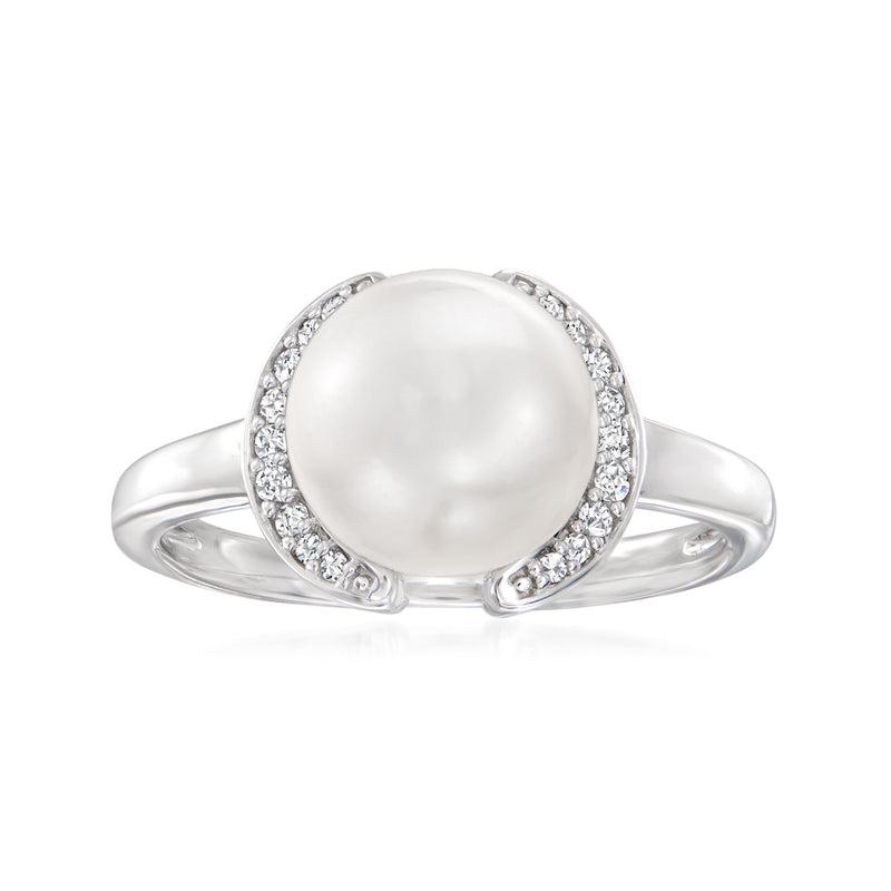 Sterling silver ring with large round cultured pearl and diamond accents around bezel