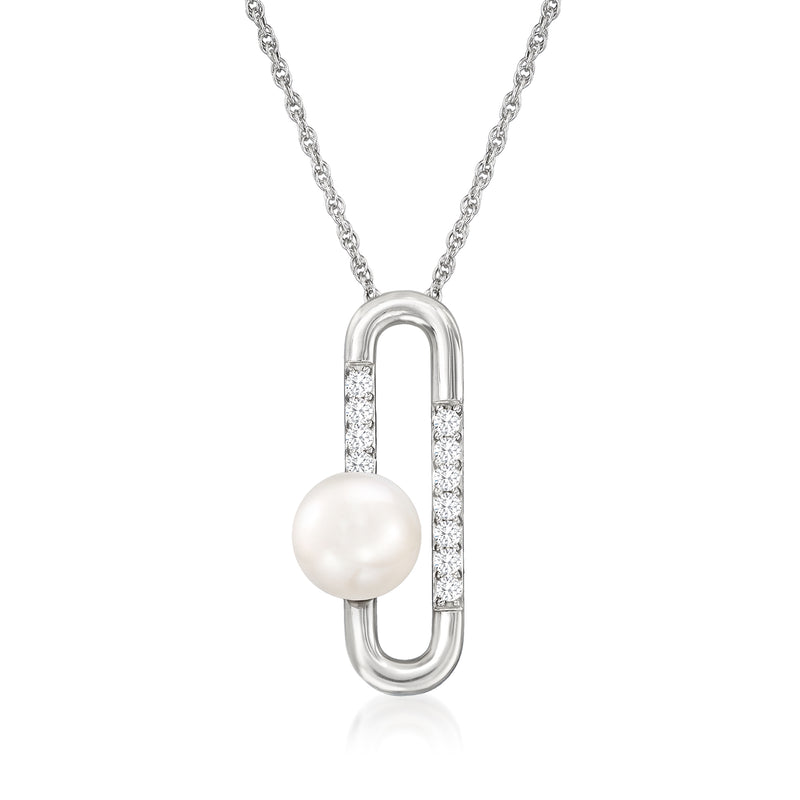 Sterling silver paper-clip pendant necklace with cultured pearl and diamond accents