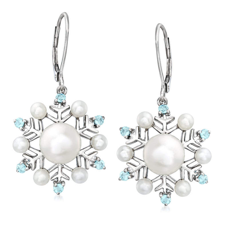 Sterling silver snowflake drop earrings with cultured pearls and sky-blue topaz, leverback