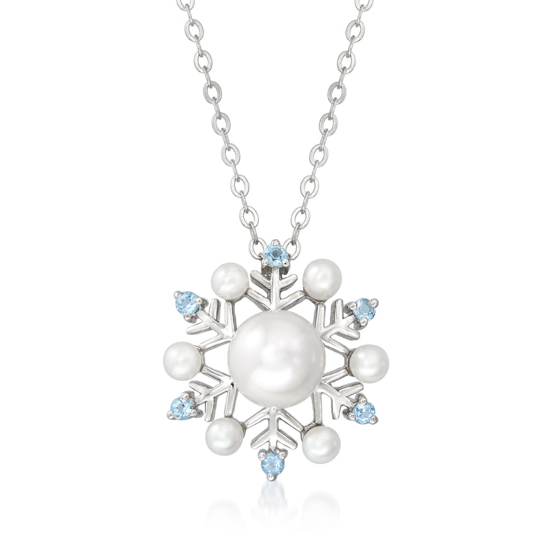 Sterling silver snowflake necklace with pearl center, five faux pearls, blue accents