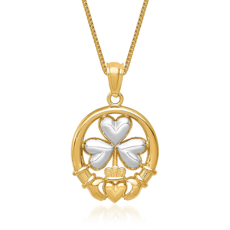 Two-tone gold shamrock and Claddagh pendant necklace with white heart enamel