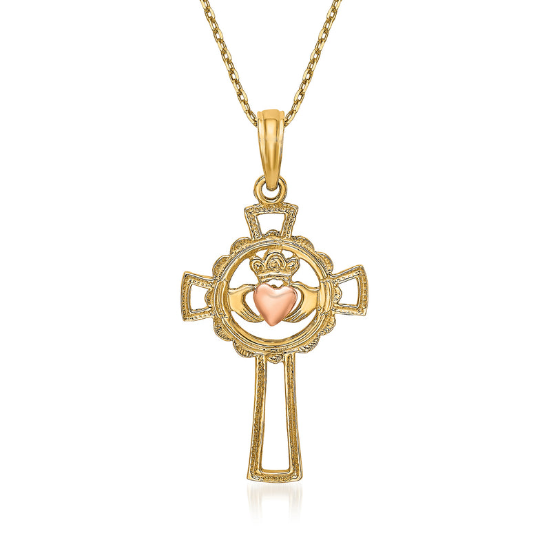 Two-tone 14kt gold claddagh cross pendant necklace with heart emblem, gold rope chain