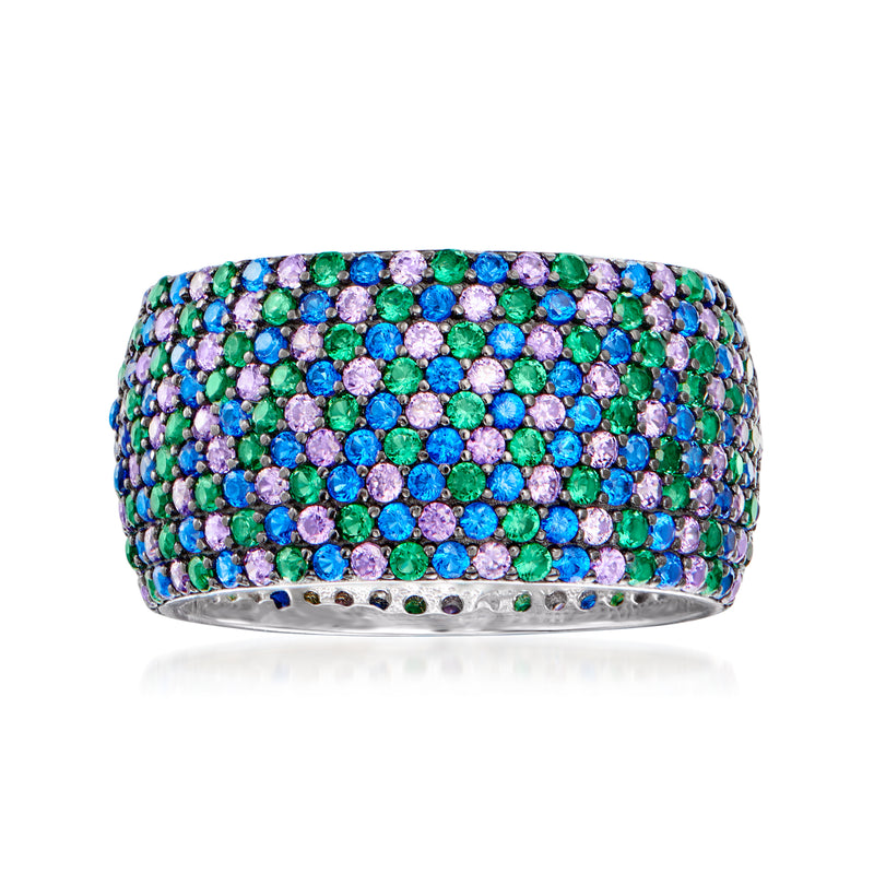 Sterling silver multi-gemstone ring with colorful round stones in green, blue, and purple.