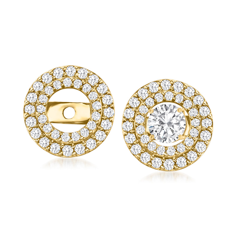 14kt yellow gold double-halo diamond earring jackets, pair shown with round center stone