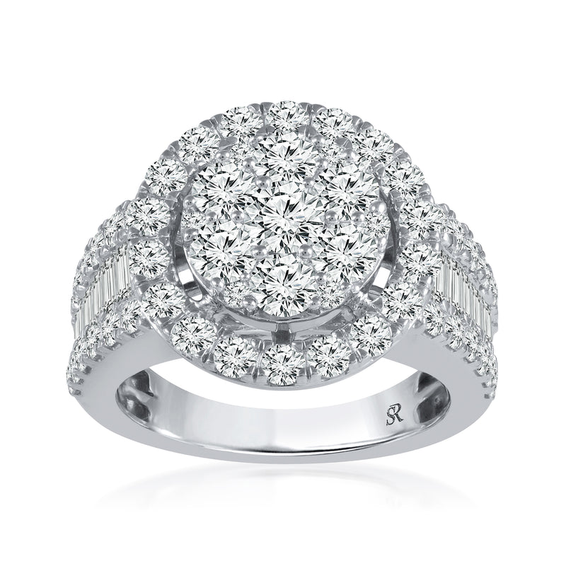 14kt white gold diamond cluster ring with round center stone and halo of diamonds