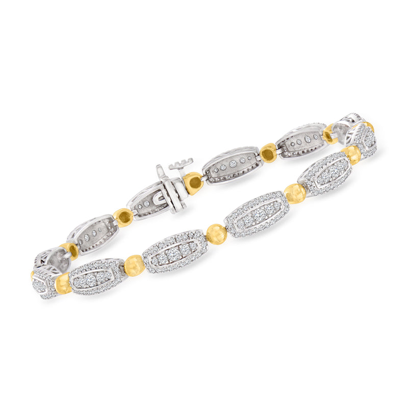 Two-tone sterling silver diamond station bracelet with oval and bar station links