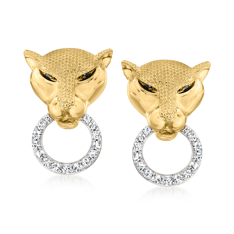 Gold panther doorknocker drop earrings with diamond-accented circular halo hoops
