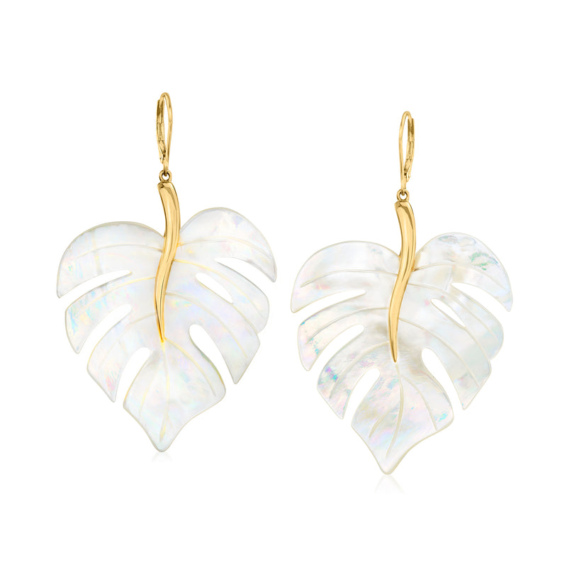 Mother-of-pearl leaf drop earrings with 18kt gold over sterling leverback hooks