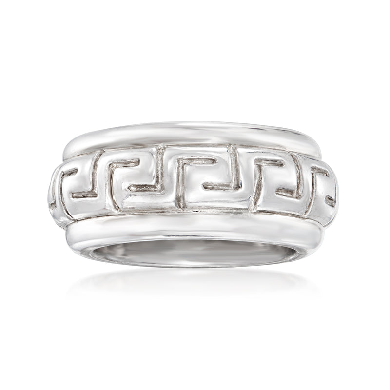 Sterling silver Greek key ring with engraved geometric band