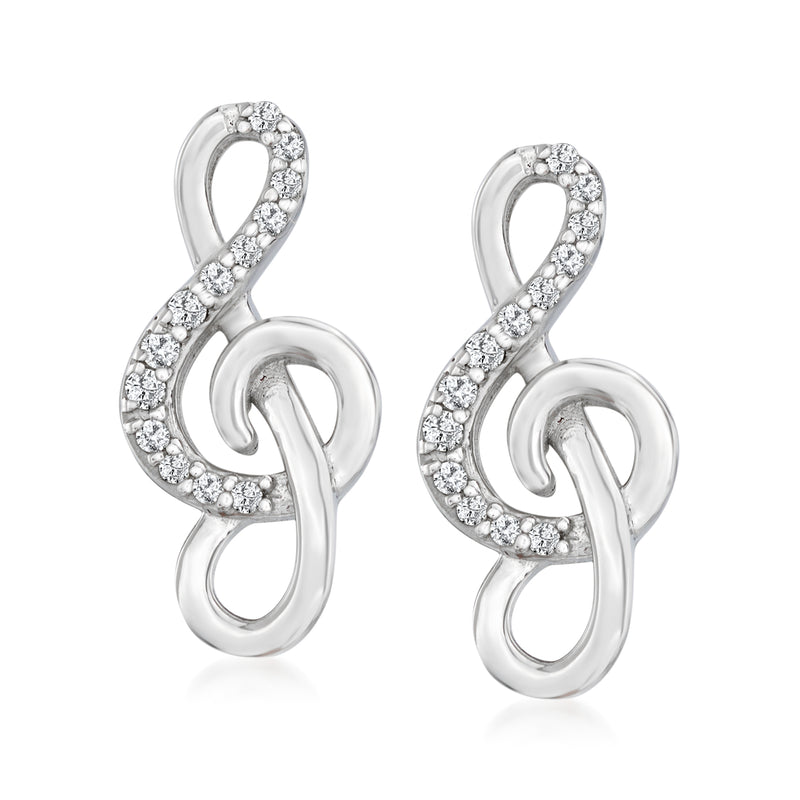 Diamond treble clef post earrings in sterling silver