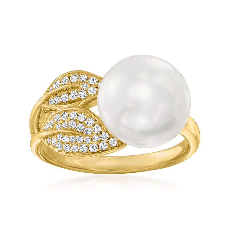 14kt yellow gold leaf ring with button cultured pearl and round diamond accents