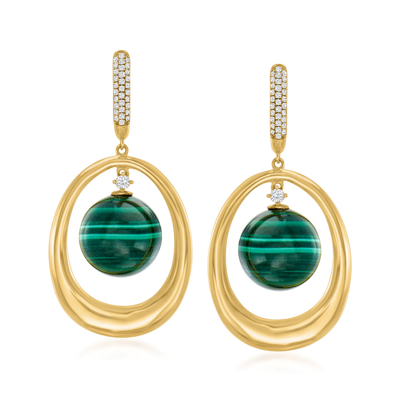Malachite drop earrings, oval gold hoops with round green stone and diamond accents.