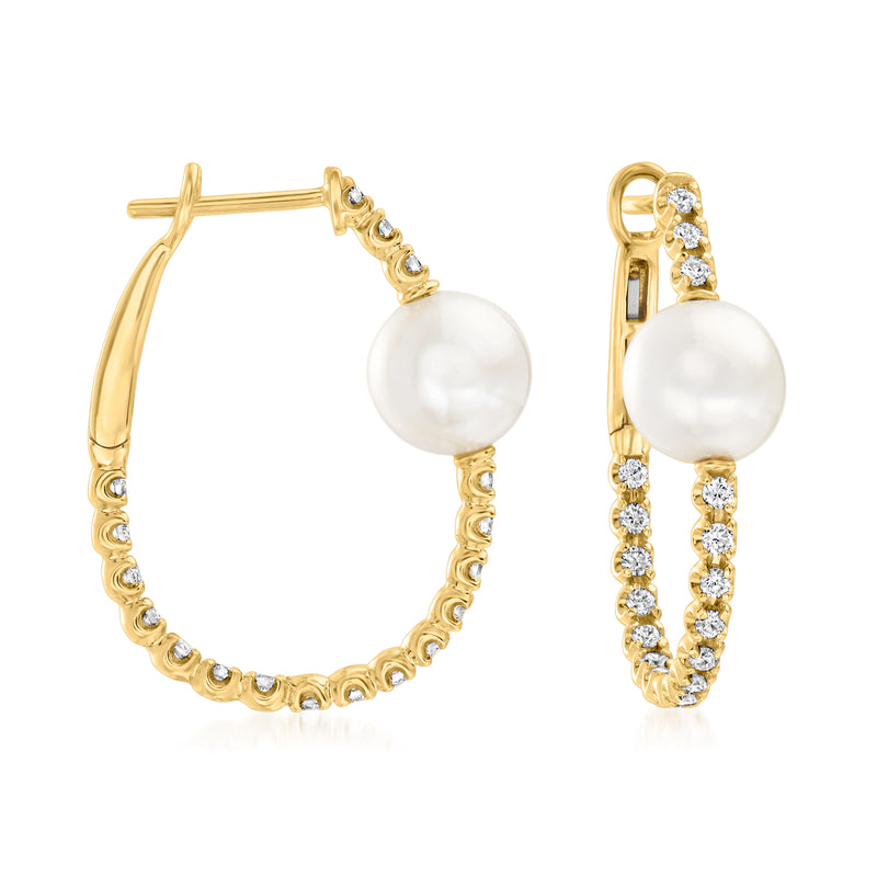 14kt yellow gold hoop earrings with cultured pearl and diamond accents