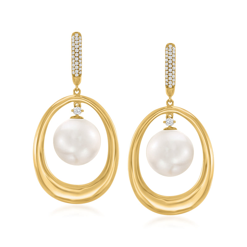 14kt yellow gold pearl drop earrings with diamond accents