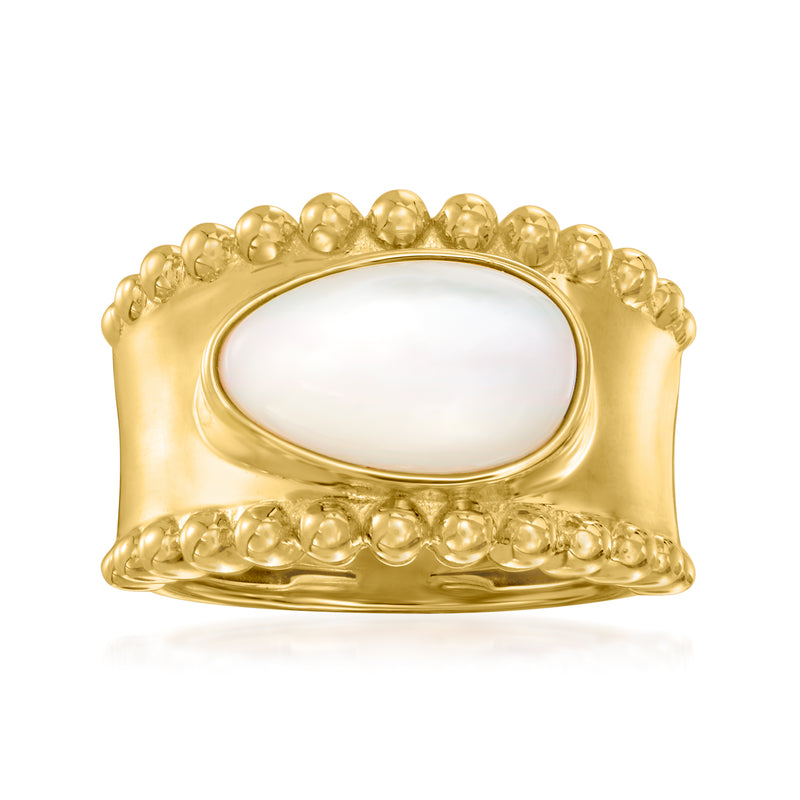 14kt yellow gold ring with oval mother-of-pearl bezel and raised textured band