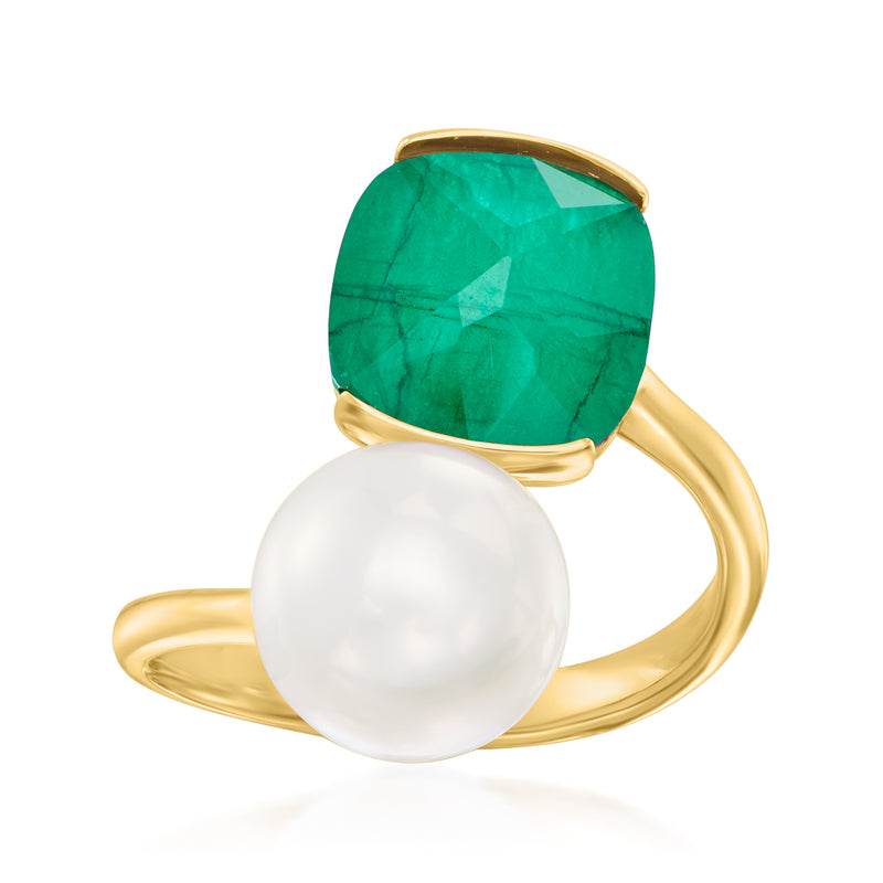 14kt yellow gold bypass ring with green gemstone and white cultured pearl