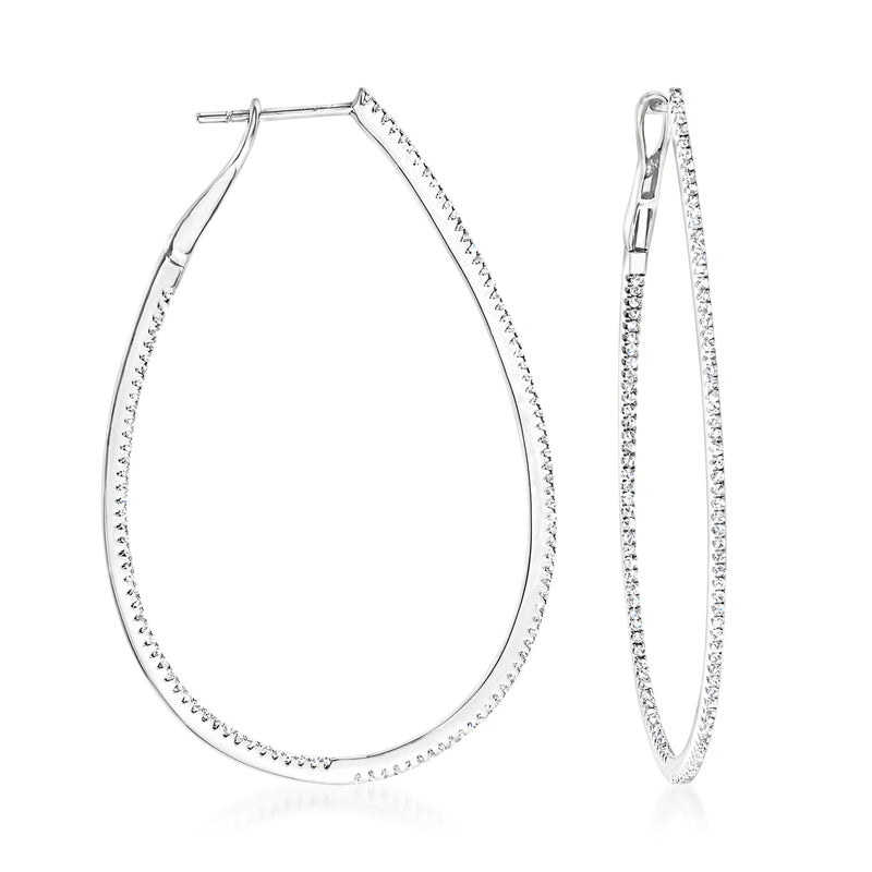 Teardrop diamond hoop earrings in 14kt white gold, inside-outside pave set