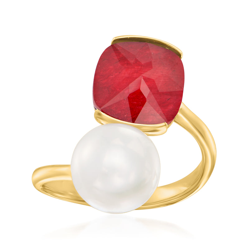 14kt yellow gold bypass ring with red cushion ruby doublet and white cultured pearl