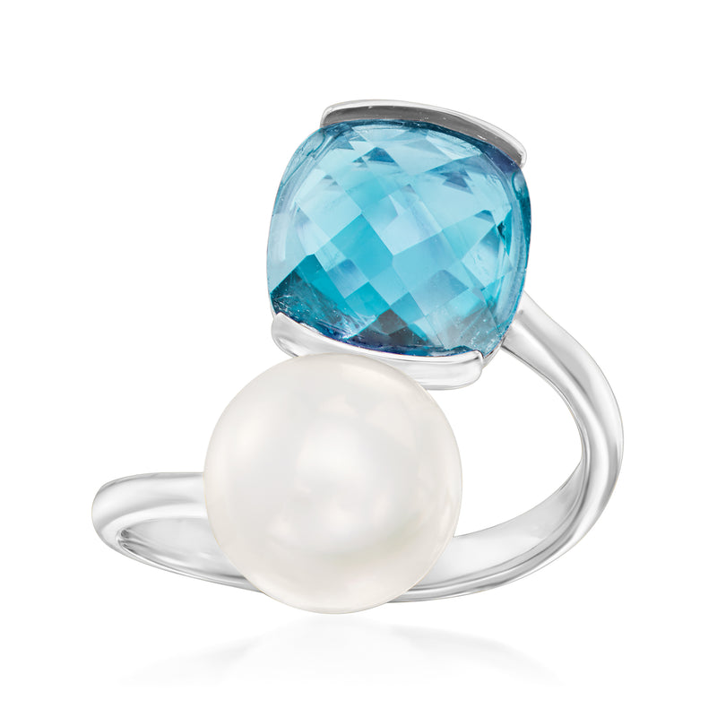 14kt white gold bypass ring with oval sky blue gemstone and white cultured pearl