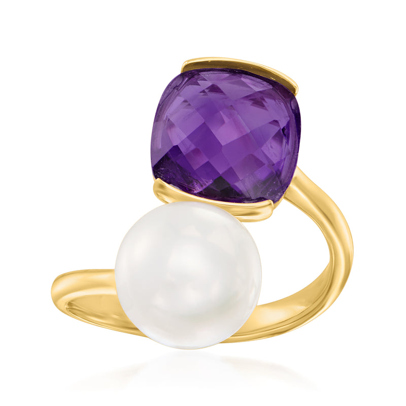 14kt yellow gold bypass ring with amethyst cushion top and white cultured pearl