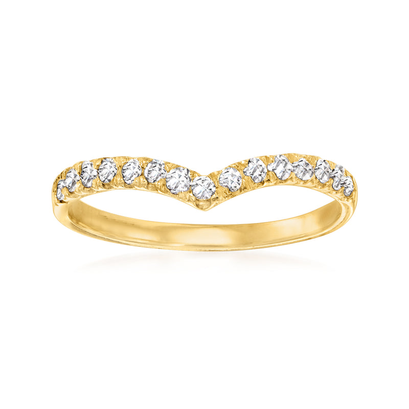 14kt yellow gold diamond V ring with round stones along a curved V setting