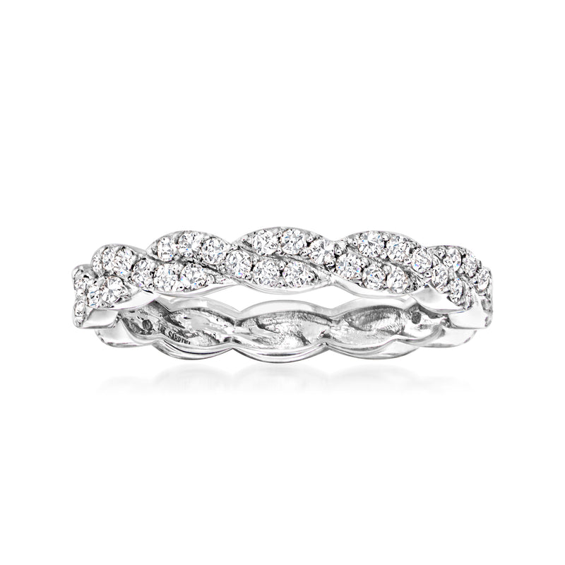 Twisted diamond ring in 14kt white gold with round stones across the band, side view