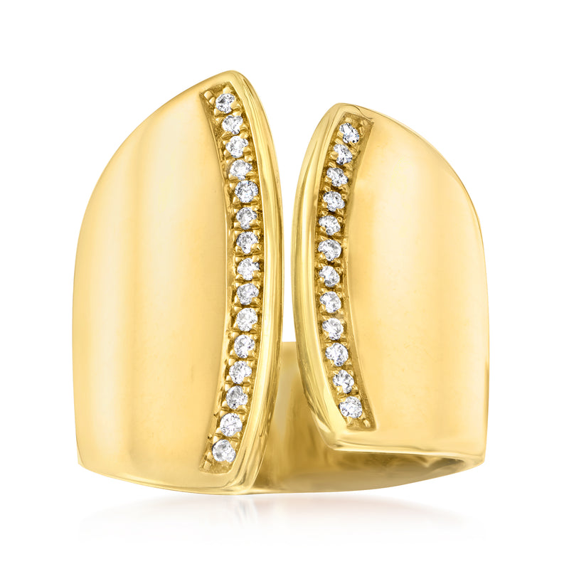 14kt yellow gold curve ring with two raised diamond rows