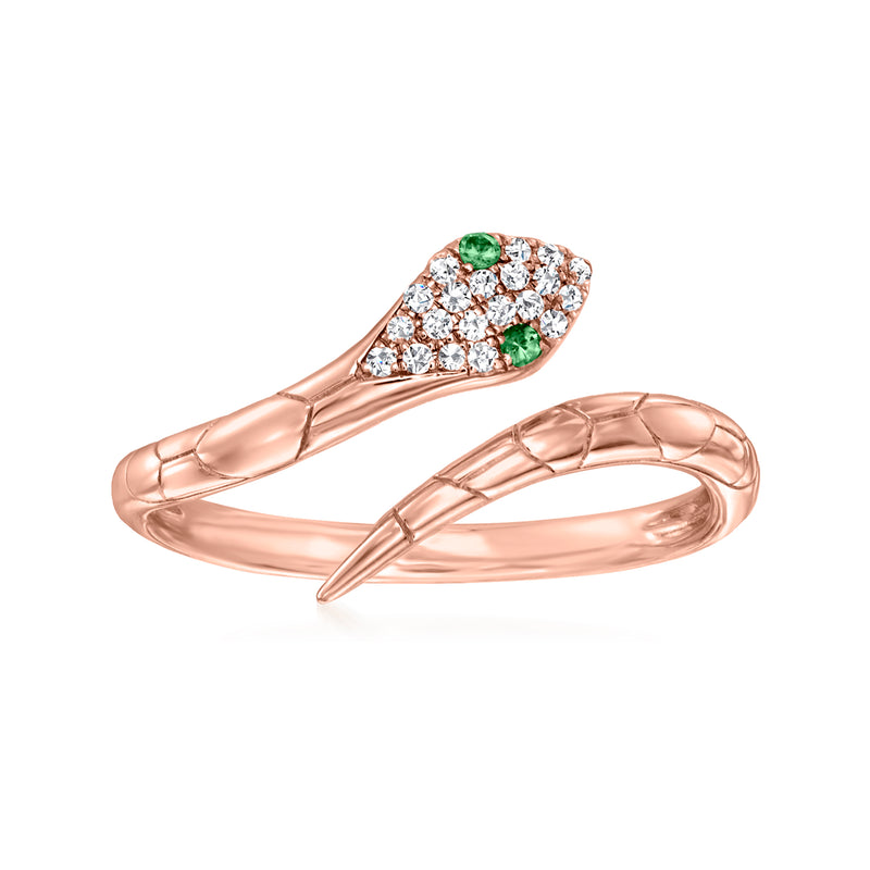 Rose gold snake bypass ring with green tsavorite and white diamond accents