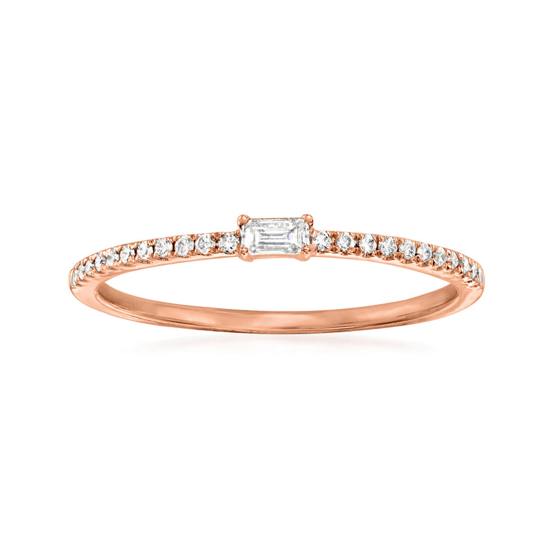 14kt rose gold diamond band with baguette center stone