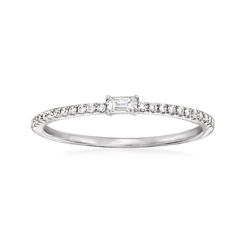 14kt white gold diamond band with rectangular center stone and pavé-set diamonds